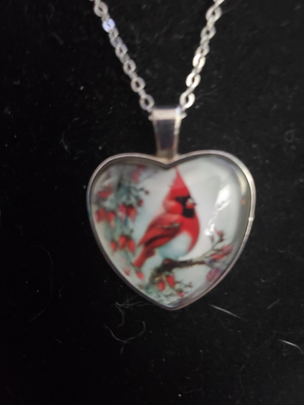Silver Heart Pendant Necklace with Red Cardinal Illustration